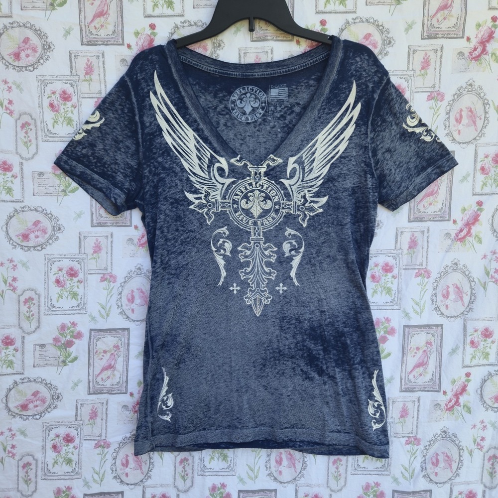 Affliction Live Fast Womens XL Blue Acid Wash Y2K Grunge Biker Wings Cross
